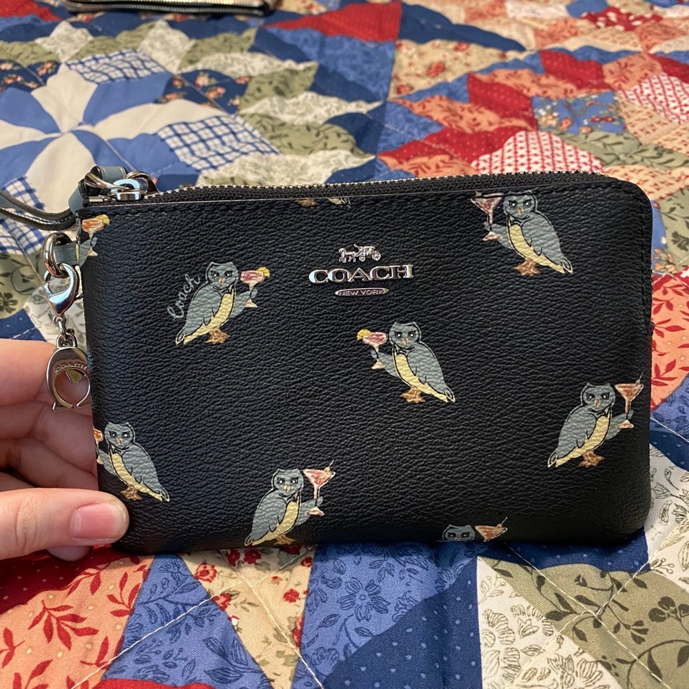 Coach Party Owl Corner Zip Wristlet